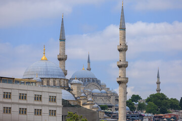 Old Mosques with minarets in Istanbul, Turkey. Details of architecture and interior, arches and...