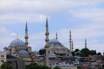 Old Mosques with minarets in Istanbul, Turkey. Details of architecture and interior, arches and...