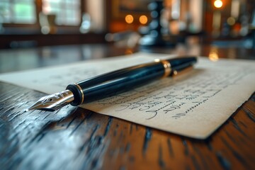 Detailed view of a classic pen lying on a handwritten letter, emphasizing personal communication and tradition - obrazy, fototapety, plakaty