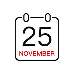 November 25 date on the calendar, vector line stroke icon for user interface. Calendar with date, vector illustration.
