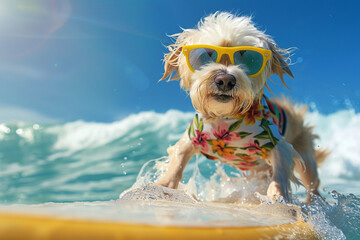 Join the fun as a dog rides surfboard on a sunny beach during a summer vacation