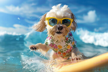 Enjoy beachside entertainment with an energetic dog surfing on a sunny day by the sea