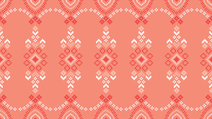 Ethnic geometric fabric pattern Cross Stitch.Ikat embroidery Ethnic oriental Pixel pattern rose pink gold background. Abstract,vector,illustration. Texture,clothing,scarf,decoration,silk wallpaper.