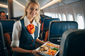 In an airplane, a stewardess serves a passenger a meal. AI generation.