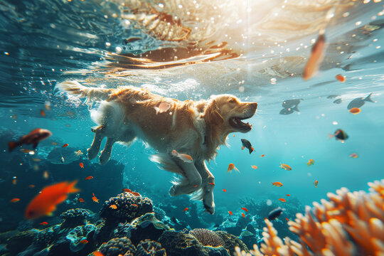 Experience the joy of underwater exploration as a curious dog dives into the sea among colorful fish and vibrant corals