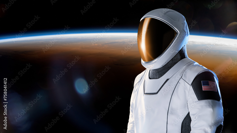 Wall mural spaceman in outer space on earth planet background. exploration theme. elements of this image furnis