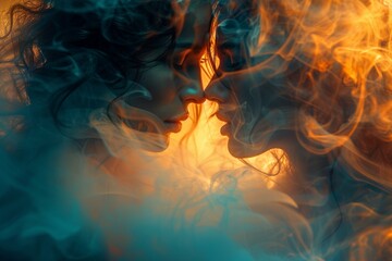 Mesmerizing shot of a couple's silhouettes enveloped in ethereal smoke in warm tones, exuding mystery