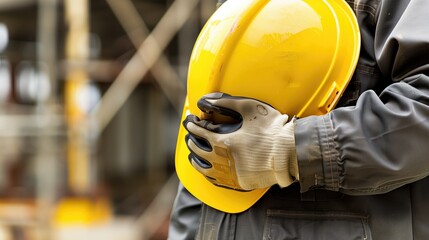 Man Wearing Yellow Hard Hat and Gloves