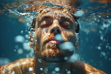 Swimmer in a pool as the setting sun creates a warm glow on the water's surface, exhibiting a moment of tranquil exercise - obrazy, fototapety, plakaty