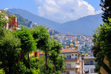 Southern cityscape, view of buildings and houses, palm trees and mountains, in public places in...
