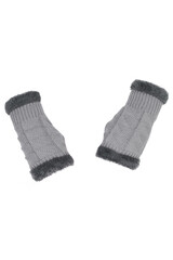Close-up shot of a gray warm fingerless gloves. A pair of short women's mittens with fur is isolated on a white background. Top view.