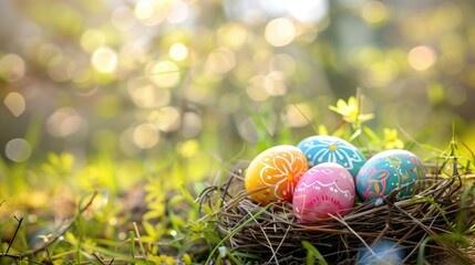 Colorful Easter Eggs Nestled in a Twig Nest With Blossoming Branches on a Pastel Blue Background
