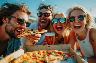 Happy friends in sunglasses eating pizza and drinking beer at a rooftop party, laughing while...