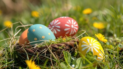 Fototapeta na wymiar Colorful Easter Eggs Nestled in a Twig Nest With Blossoming Branches on a Pastel Blue Background