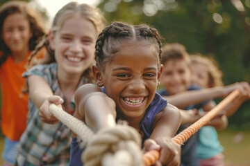 kids playing tug of war in the park. A multiracial group of people are having fun outdoors, happily laughing and cheerful while hanging out together on summer vacation at the playground