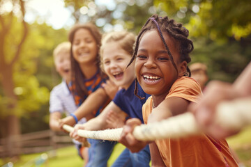 kids playing tug of war in the park. A multiracial group of people are having fun outdoors, happily laughing and cheerful while hanging out together on summer vacation at the playground - Powered by Adobe