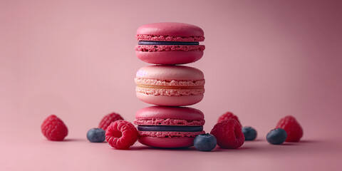  Pink macaroons, raspberries and blueberries on a pink background - Powered by Adobe