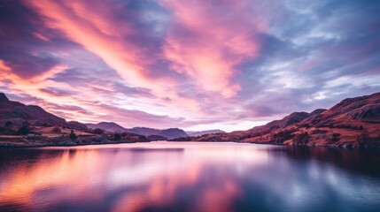 Fototapeta na wymiar Tranquil mountain sunset serene landscape with colorful sky and reflective lake