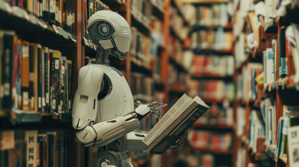 an AI robot reading books in the library, surrounded by bookshelves filled with various academic materials. The background shows other robots working on different tasks