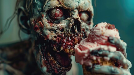 A zombie feasting on a melting ice cream cone