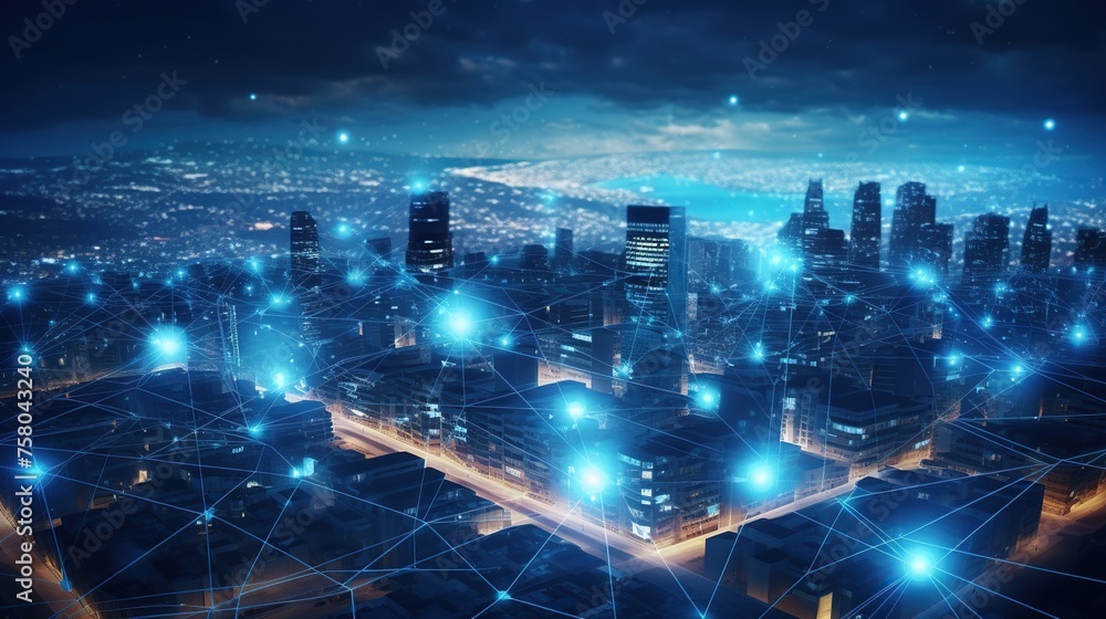 Poster internet of things or iot wireless communication. futuristic city with skyscrapers and connecting th