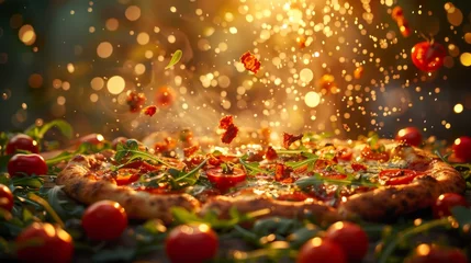Foto op Canvas A freshly baked Neapolitan pizza adorned with vibrant cherry tomatoes and arugula, highlighted by a warm, golden glow and dynamic flecks of grated cheese in mid-air. © victoriazarubina