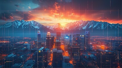 Skyline of Salt Lake City downtown in Utah with Wasatch Range Mountains in the background. Economical stock market graph