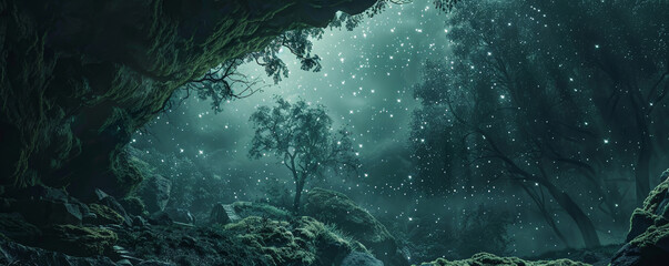 Starlit moss grotto a hidden cave with walls covered in soft starlit moss creating a magical tranquil ambiance under the night sky