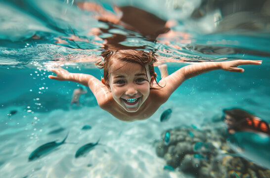 happy child swimming underwater in pool, closeup portrait, smiling and having fun at summer vacation