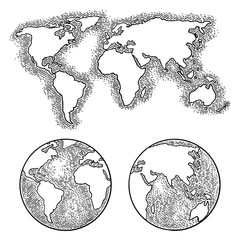 Earth planet globe and map. Vector black vintage engraving illustration isolated on a white background. For web, poster, info graphic. - 758044466