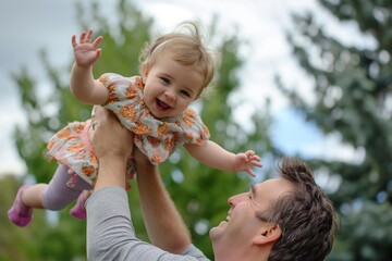 Happy dad tossing giggling toddler girl in the air, under clear sky. - 758044621