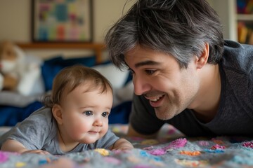 Father and baby share a loving moment, surrounded by a colorful quilt. - 758044625