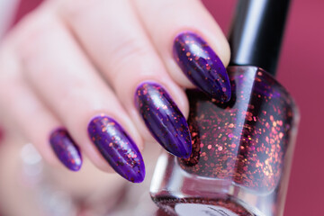 Female hands with long nails and dark purple manicure 