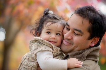 Loving dad hugging his young daughter, surrounded by fall colors. - 758044690