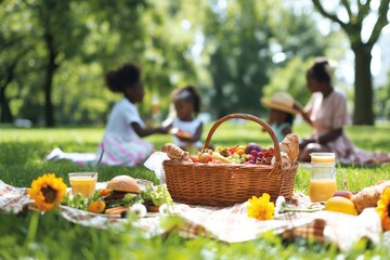 A family enjoys a picnic with a basket full of fruits and fresh juice in the park. - 758044853