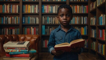 a little boy is reading a book