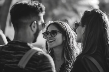 A woman in sunglasses shares a joyful moment with friends, her laughter a bright contrast in a black and white scene. - 758045077