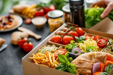 An inviting deli box filled with colorful sandwiches, fresh fries, and a variety of salads, ready for a nutritious and delightful meal. - 758045203