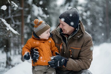 Father and young son share a joyful moment in the falling snow. - 758045286