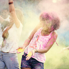 Happy, powder paint and fun with friends outdoor with Holi festival and colorful event with smile....