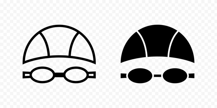 Swimming goggles and cap icon set isolated on transparent background
