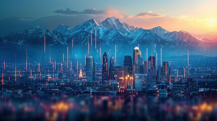 Skyline of Salt Lake City downtown in Utah with Wasatch Range Mountains in the background. Economical stock market graph - obrazy, fototapety, plakaty