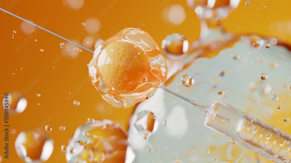 Sticker 3d illustration of in vitro fertilization. fertilized egg cell and needle realistic