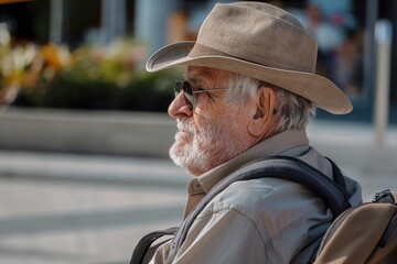 An elderly gentleman, wearing a classic fedora, gazes into the distance, reflecting on life's travels and the stories yet to unfold. - 758045801