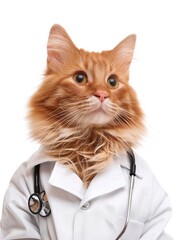 A charming ginger cat humorously poses as a medical professional, complete with a white coat and stethoscope, bringing a smile to all pet lovers. - 758045843