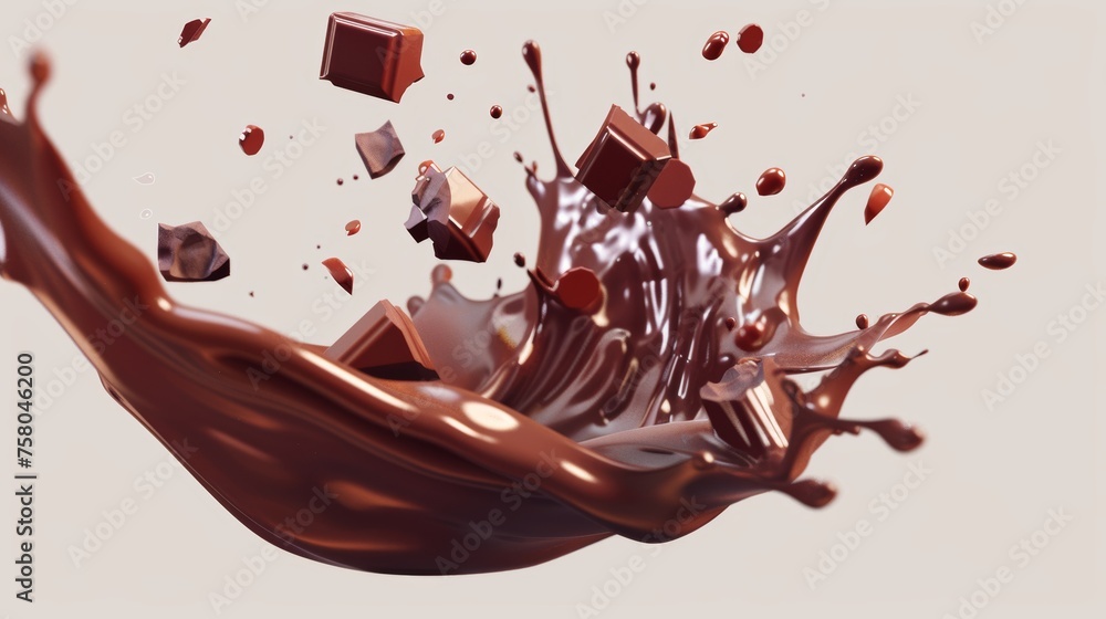 Poster this 3d modern object shows a piece of chocolate with a splash of chocolate.