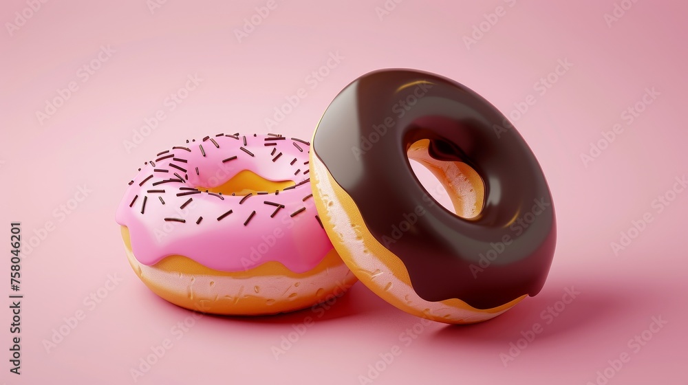 Poster icons showing donuts with pink icing and chocolate. modern 3d realistic objects.