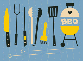 Grill barbecue tools. BBQ tool set grill accessories. Grilling utensils, knife, thermometer, tongs, brush, spatula, fork for barbecue food cooking. Flat, geometric style. Barbecue party. BBQ time - 758046235