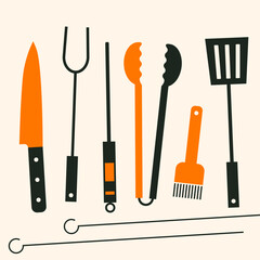Grill barbecue tools collection. BBQ tool set grill accessories. Grilling utensils, knife, thermometer, tongs, brush, spatula, fork for barbecue food cooking. Flat, geometric style. BBQ time elements - 758046257