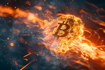 Dynamic graphics showing Bitcoin's skyrocketing value, Bitcoin's heat, coins burning. Generative AI.
